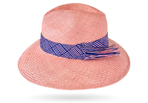 FINE 'URBAN ELLE' ROSE PANAMA HAT WIDER DOWN BRIM (9CM) WITH HANDWOVEN FRINGED STRAW BAND