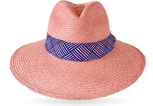 FINE 'URBAN ELLE' ROSE PANAMA HAT WIDER DOWN BRIM (9CM) WITH HANDWOVEN FRINGED STRAW BAND