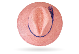 FINE 'URBAN ELLE' ROSE PANAMA HAT WIDER DOWN BRIM (9CM) WITH HANDWOVEN FRINGED STRAW BAND