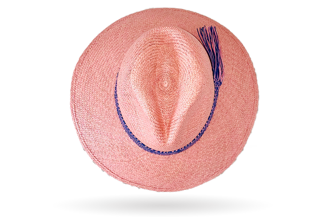 FINE 'URBAN ELLE' ROSE PANAMA HAT WIDER DOWN BRIM (9CM) WITH HANDWOVEN FRINGED STRAW BAND