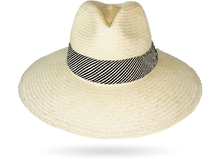 Load image into Gallery viewer, FINE &#39;URBAN&#39; NATURAL PANAMA HAT DOWN WIDER BRIM (9CM) WITH HANDWOVEN FRINGED STRAW BAND
