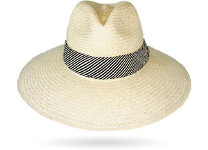 FINE 'URBAN' NATURAL PANAMA HAT DOWN WIDER BRIM (9CM) WITH HANDWOVEN FRINGED STRAW BAND