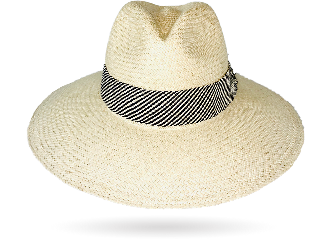 FINE 'URBAN' NATURAL PANAMA HAT DOWN WIDER BRIM (9CM) WITH HANDWOVEN FRINGED STRAW BAND