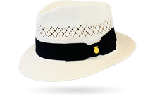 Load image into Gallery viewer, TRILBY OPEN CROWN WHITE VENTED PANAMA HAT &#39;JACK&#39; SNAP BRIM ITALIAN BOW
