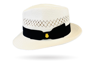 TRILBY OPEN CROWN WHITE VENTED PANAMA HAT 'JACK' SNAP BRIM ITALIAN BOW